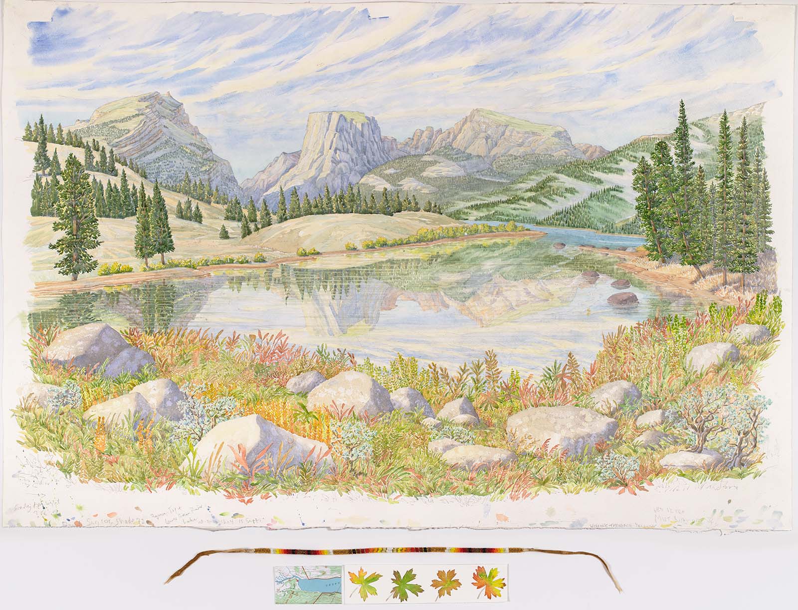 Tony Foster (b. 1946, Lincolnshire, England). "From Lower Green River Lake Looking South South East to Squaretop," 2022. Graphite and watercolour on paper, with glass bead necklace by Chastity Teton, map, 45.5 x 58.5 inches. Collection of The Foster Museum.