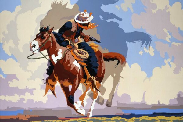 The 1994 oil painting, “A Flight from Destiny,” by Bill Schenck, shows a fleeing cowboy wielding a horse pistol as he checks behind for pursuers. Oil on canvas. Gift of The Alexander Bodini Foundation, in memory of Alexander Bodini. 1.95