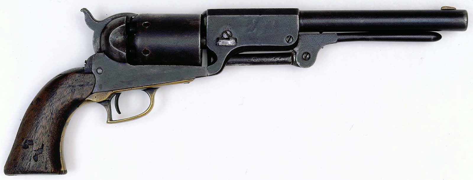 Samuel Colt collaborated with Samuel Walker of Texas Ranger fame to create the Colt Walker revolver in 1847. Sometimes also known as the Walker Colt, the new revolver became one of the best-known horse handguns. Gift of the Gordon T. Matson Family. 1996.12.1