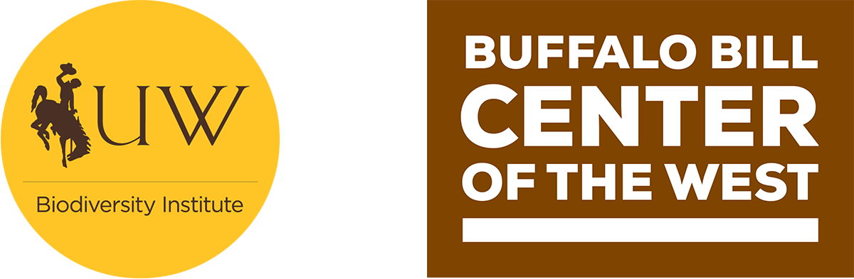 Round yellow logo with brown print "UW Biodiversity Institute" and brown rectangular logo with white print "Buffalo Bill Center of the West"