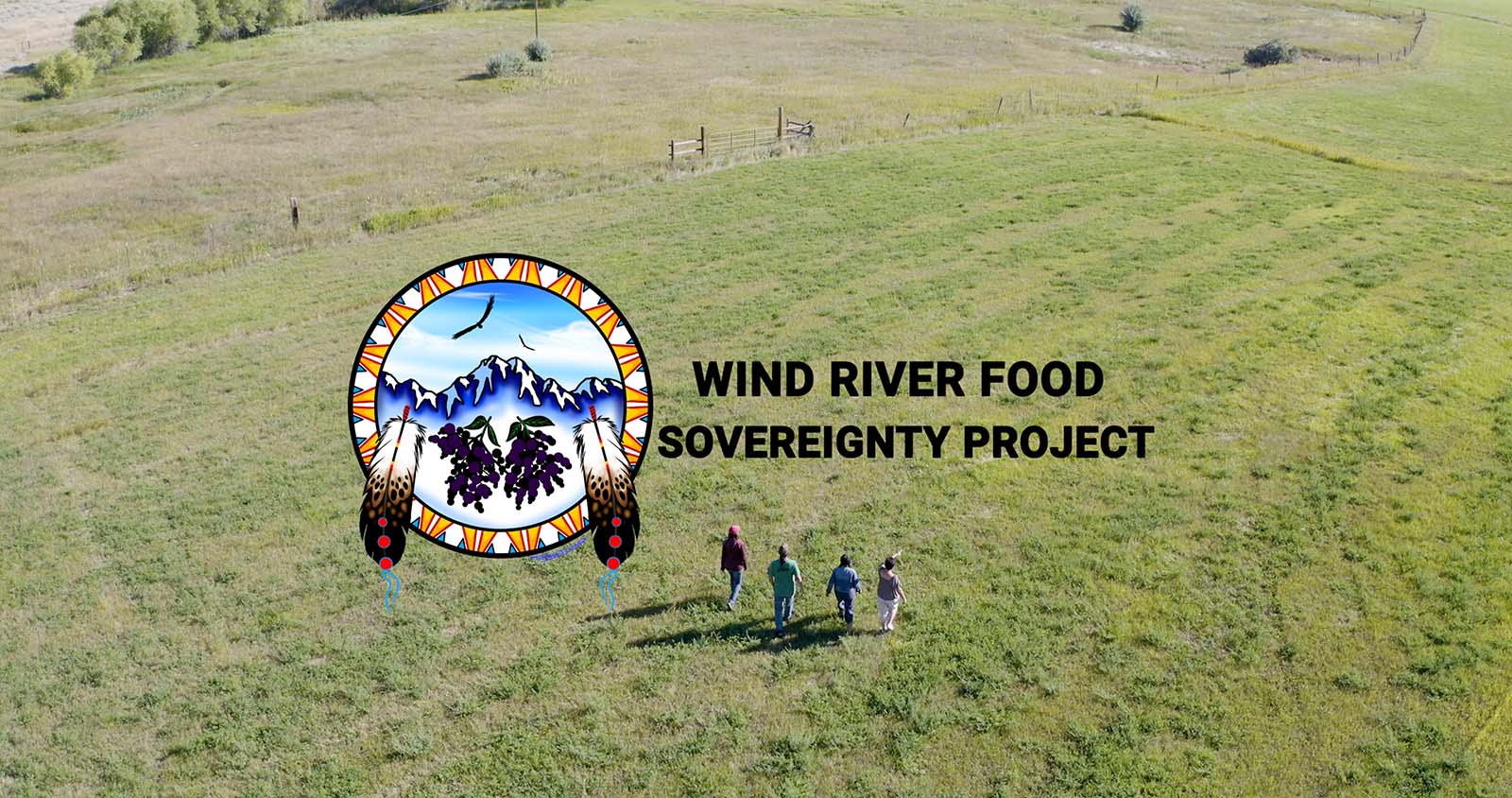 Aerial view of four people walking through green field. Logo and text for Wind River Food Sovereignty Project.