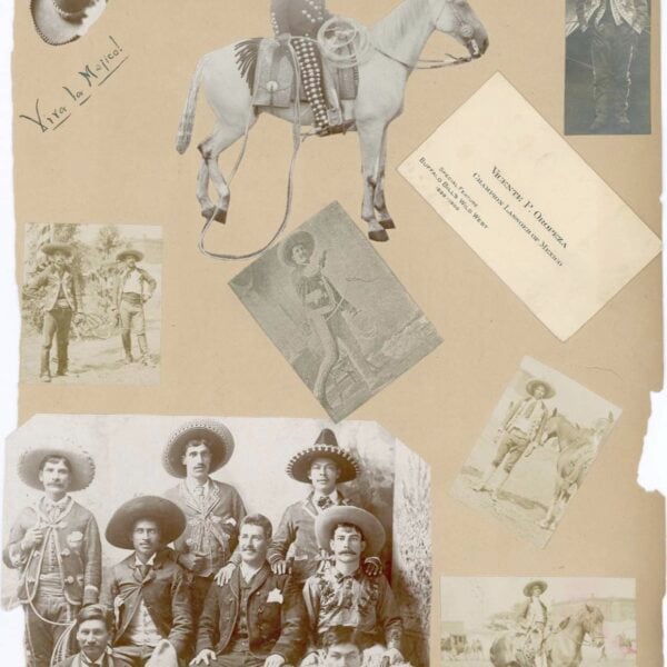 This scrapbook of vaqueros includes Vicente Oropeza's business card. In the middle, bottom photo Oropeza is seen throwing a lasso. MS 6 William F. Cody Collection, McCracken Research Library. MS6.4075.12.0