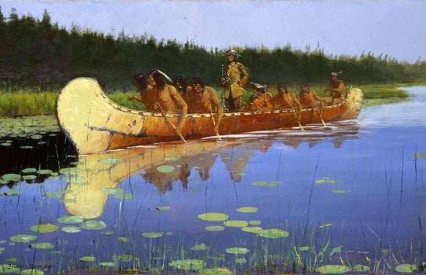 In 1903 Remington signed an exclusive contract with "Collier's" magazine to produce works in color on various historic themes related to the American frontier. As part of that work, he initiated a series of eleven paintings for the magazine in 1905 which was titled "The Great Explorers." "Radisson and Groseilliers," pictured here, is the only painting which remains from the original set. It was a pivotal piece for the "In Search of Frederic Remington" exhibition. Gift of Mrs. Karl Frank. 14.86